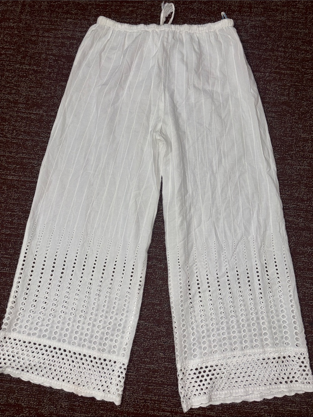 Sheer white palazzo pant tie waist relaxed fit Resortwear eyelet lace pant L - Picture 4 of 14